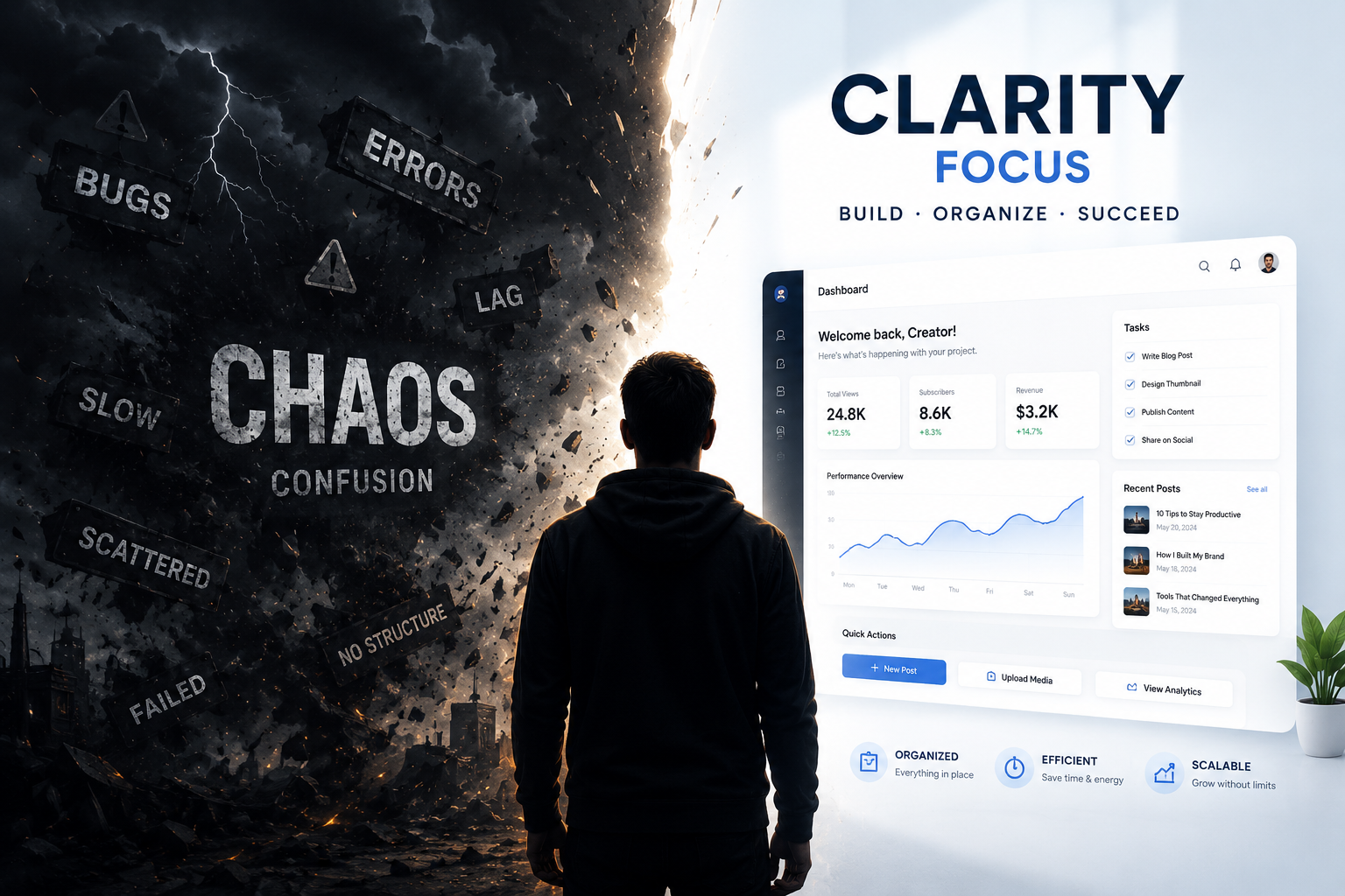 Chaos vs clarity comparison showing 10+ marketing tools on the left replaced by GoHighLevel unified marketing system on the right