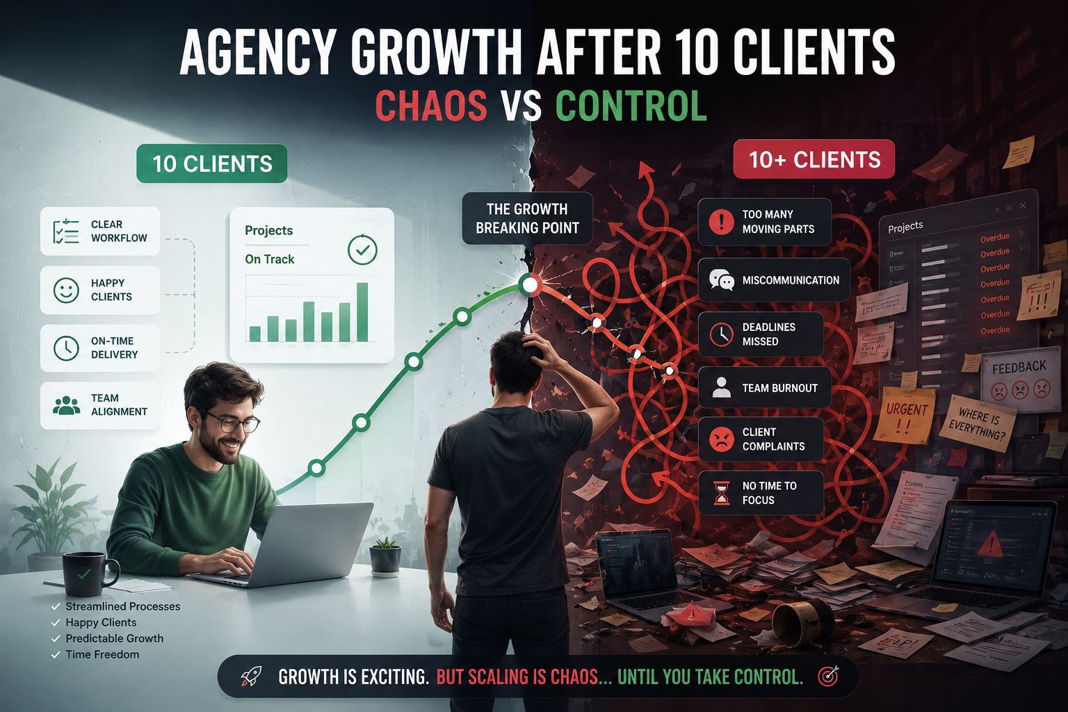 Agency growth after 10 clients showing agency scaling challenges, operational bottlenecks, client management complexity, team overload, and the need for scalable business systems